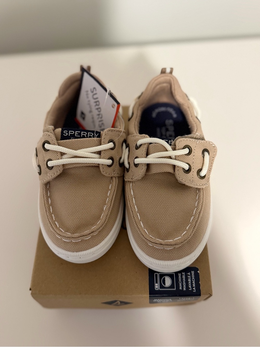 Sperry Kids Tan Canvas Boat Shoes with White Laces